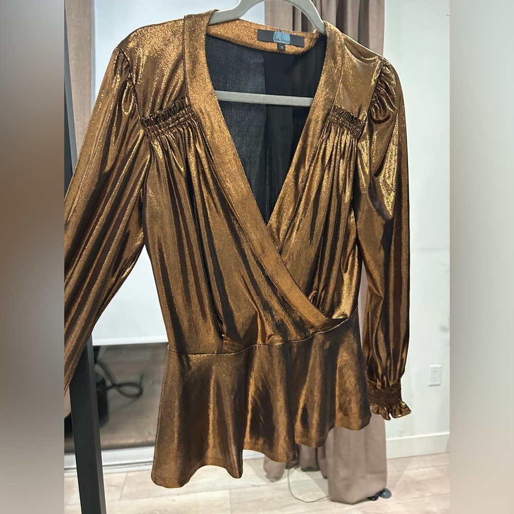 Rusty Brown metallic evening blouse v neck Medium size